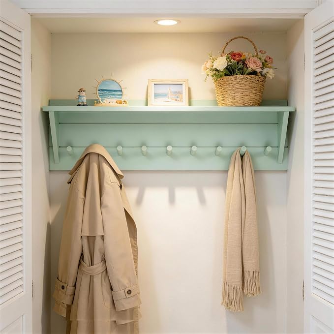 WEBI Coat Rack Wall Mount with Shelf,36" Long Entryway Wall Shelf with Hooks Underneath,9 Peg Hooks for Hanging Coats,Caps,Jacket,Clothes,Light Green - Image 6