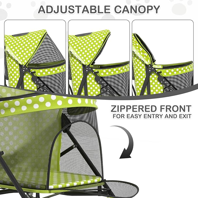 MoNiBloom 4 Wheels Pet Stroller, Easy-Fold Umbrella Shaped Dog Cat Jogger Stroller w/Storage Bag & Visible Mesh for Small/Medium Dogs Cats Lawn Green Polka Dots