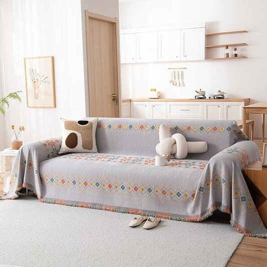 Boho Couch Cover Vintage Chenille Sofa Cover Blanket 71"x150", Grey | Geometric Jacquard Textured, Stain Resistant & Washable, Living Room 3 Cushion Couch Decor, Versatile Furniture Protector by DREAMINGO
