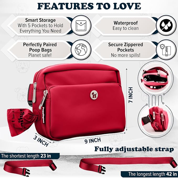 Puppington 3-in-1 Crossbody Dog Walking Bag & Treat Pouch with Matching Planet Safe Poop Bags & Built-In Dispenser - Dog Mom Gift for Puppy Training with Zippered Pockets (Ruby Red) - Image 6