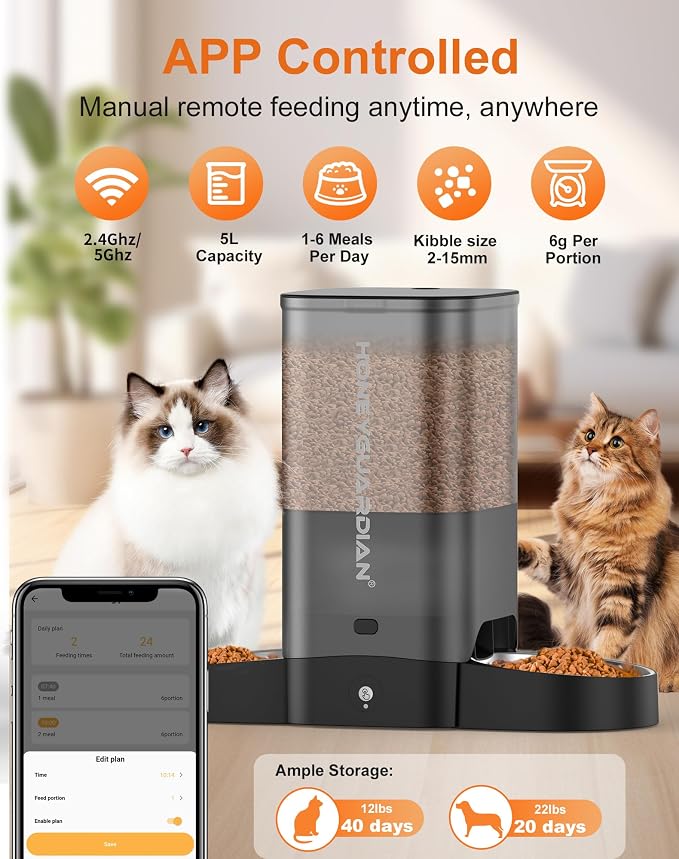 HoneyGuaridan 5L Automatic Cat Feeder for Two Cats, 2.4/5G WiFi Smart Feed Pet Feeder with Stainless Steel Bowl,APP Control Dispenser, Dual Power Supply,Desiccant Bag,10s Meal Call Black - Image 3