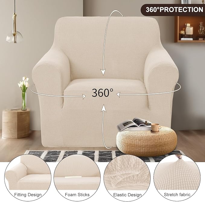 U-NICE HOME Stretch Recliner Chair Cover Armchair Slipcover, Beige | Furniture Protector, 1-Piece Chair cover, Washable , Pet friendly, Polyester Spandex Jacquard fabric - Image 3