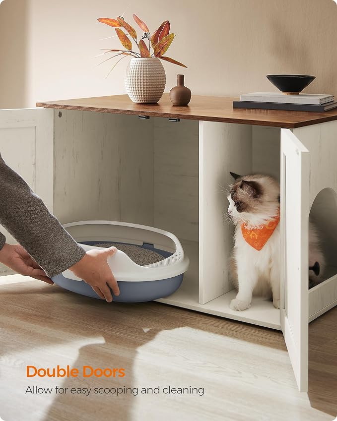 Feandrea Cat Litter Box Enclosure, Litter Box Furniture Hidden with Removable Divider, Indoor Cat House, End Table, 31.5 x 20.9 x 19.7 Inches, Honey Brown and Rustic White UPCL002P01 - Image 8