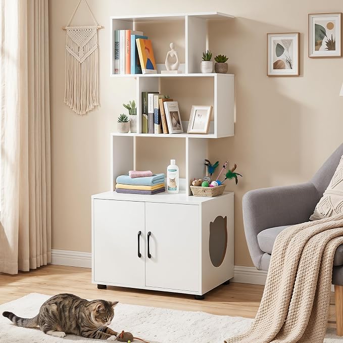 PETSITE Cat Litter Box Furniture with 3 Shelves and Doors, 56 inch Tall Cat Box Enclosure with Display Shelves and Side Entry, Indoor Hidden Litter Box with Decorative Storage Shelving (White) - Image 2