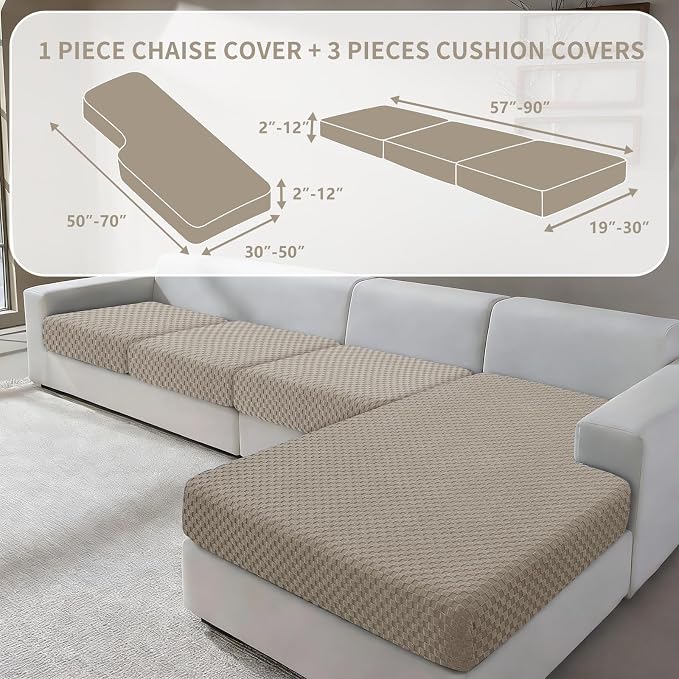 YEMYHOM Couch Cushion Covers for Sofa, Stretch Sectional Couch Seat Cushion Covers Washable Thick Furniture Protector Sofa Slipcovers for Pets (3 Seater + 1 Chaise, Khaki) - Image 2