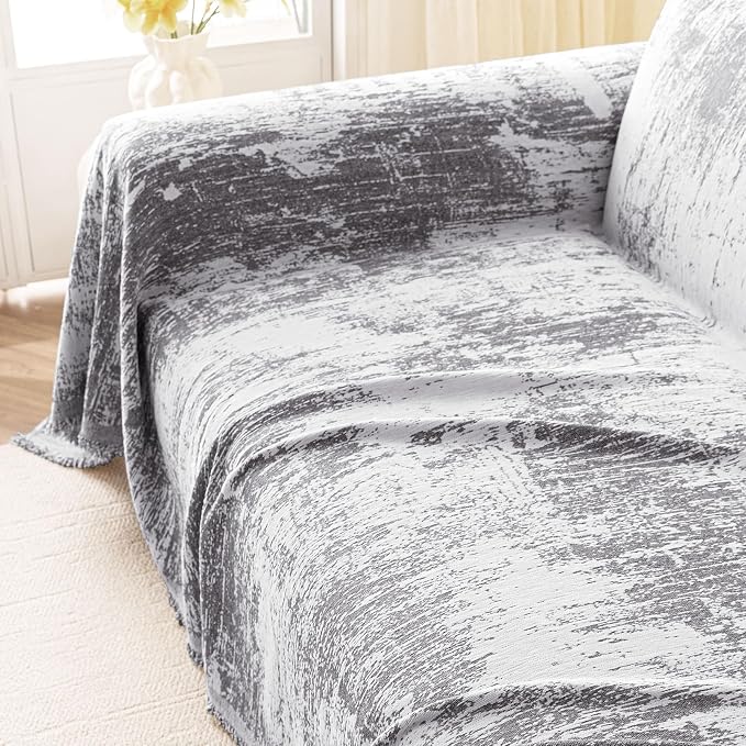 hyha Couch Cover for Dogs, Boho Chenille Sofa Cover for 3 Cushion Couch | Anti-Scratch Washable Sofa Slipcover, Loveseat Sectional Couch Throw Blankets with Tassels (Dark Grey/White, 71x150 Inch) - Image 9