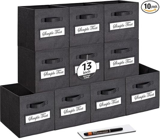13x13x13 storage cube bins (Set of 10) Fabric storage cubes with 10 Labels Window Cards & a Pen, storage cubes 13x13, Collapsible 13 inch cube storage bins, Cubby Organizer Boxes, Black by Artsdi