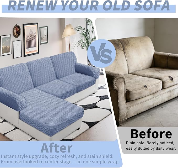 YEMYHOM Couch Cushion Covers for Sofa, Stretch Sectional Couch Seat Cushion Covers Washable Thick Furniture Protector Sofa Slipcovers for Pets (2 Seater + 1 Chaise, Light Blue) - Image 4
