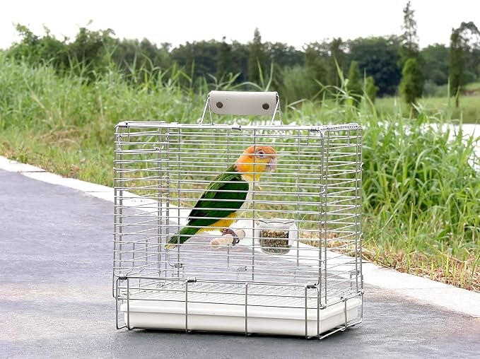 Bird Carrier Travel Cage - 304 Stainless Steel Portable Folding Bird Travel Cage with Parrot Feeder Cups & Standing Perch for Smaller Birds Conures Lovebird Cockatiel Parakeets (White) - Image 2