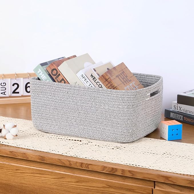 MiniArk Large Storage Baskets for Organizing, 17 x 13 x 7.5” Closet Shelf Baskets for Clothes Blanket Towels, Baby Nursery, Toy Bins Box, Woven Rope Baskets, 4 Packs Mixed Grey - Image 5