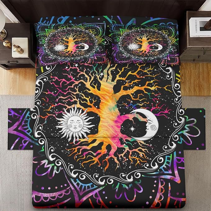 WeCozy Full Size Bed Sheet Sets with Pillowcases, Astrology Zodiac Tree of Life 4 Pcs Soft Microfiber Bedding for Kids and Adults, Sun and Moon Flat, Fitted Sheet for Bedroom Bed Decor - Image 3