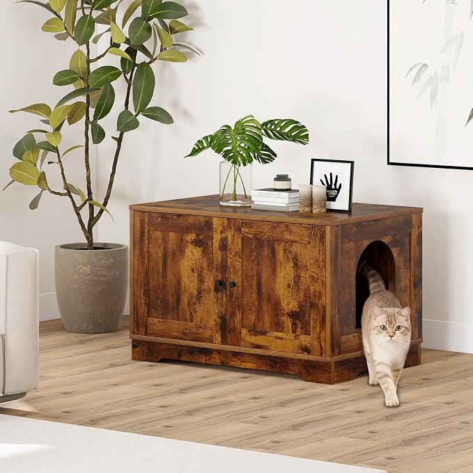 Tangkula Cat Litter Box Enclosure, Wooden Kitty Washroom Cabinet w/Winding Entry & Cat Hole, with Divider, Hidden Double Enclosed Litter Box Furniture for Living Room, Bedroom, Entryway (Rustic Brown) - Image 2