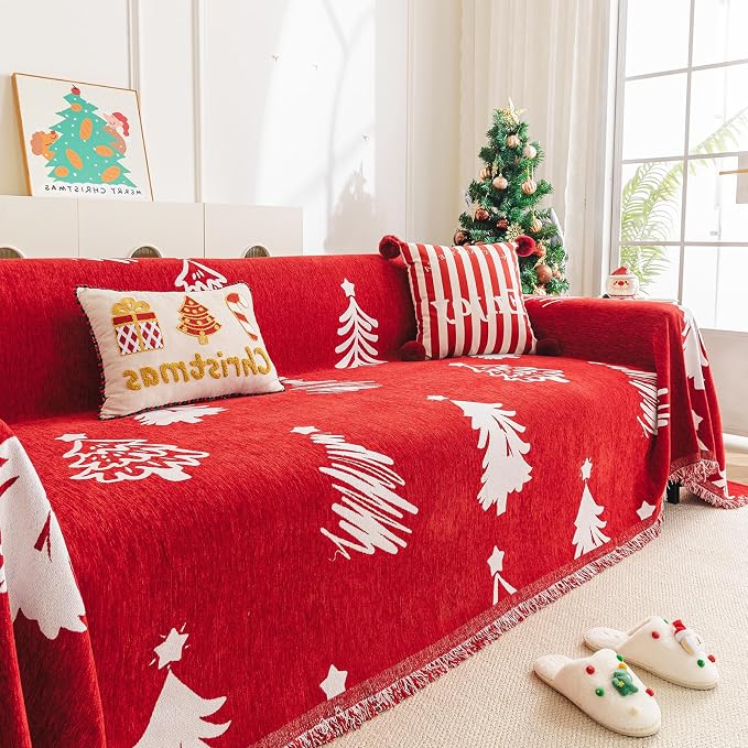 hyha Couch Cover for Dogs, Boho Chenille Sofa Cover for 3 Cushion Couch | Anti-Scratch Washable Sofa Slipcover, Loveseat Sectional Couch Blankets with Tassels (Red Christmas Tree, 88.5x134 Inch) - Image 5