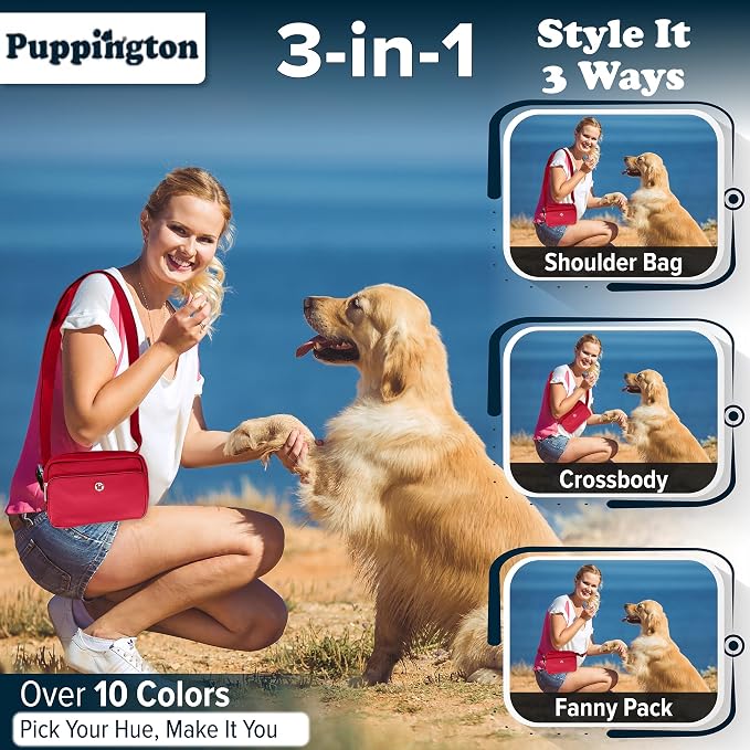 Puppington 3-in-1 Crossbody Dog Walking Bag & Treat Pouch with Matching Planet Safe Poop Bags & Built-In Dispenser - Dog Mom Gift for Puppy Training with Zippered Pockets (Ruby Red) - Image 2