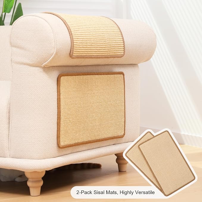 FUKUMARU 2 Packs Cat Scratching Mat, 19.6 x 11.8 Inch Cat Scratcher Pad | Natural Sisal Cat Scratch Mat for Indoor Cats, Horizontal Cat Wall Scratcher Floor Rug with Sticky Tapes, Furniture Protector - Image 7