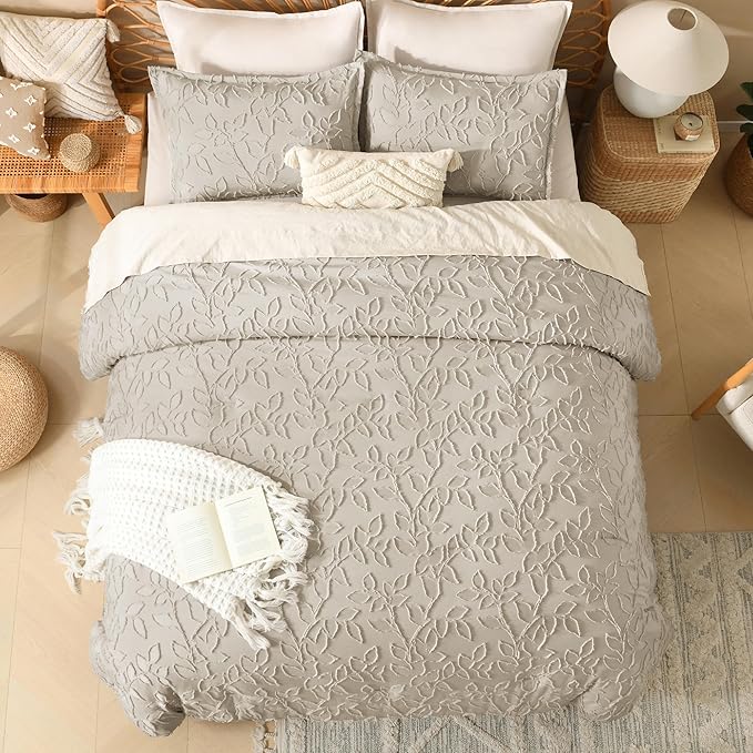 Litanika Super King Plus Comforter Set Oatmeal, 3 Piece Boho Tufted Bedding, Fluffy Farmhouse Bed Set for All Season with 2 Leaf Pattern Pillowcases（128x120In） - Image 5