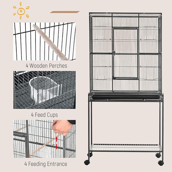 PawHut 30" Rolling Metal Bird Cage Feeder with Detachable Rolling Stand, Storage Shelf, Wood Perch & Food Container | Storage Shelf, Wood Perch, Food Container - Image 4