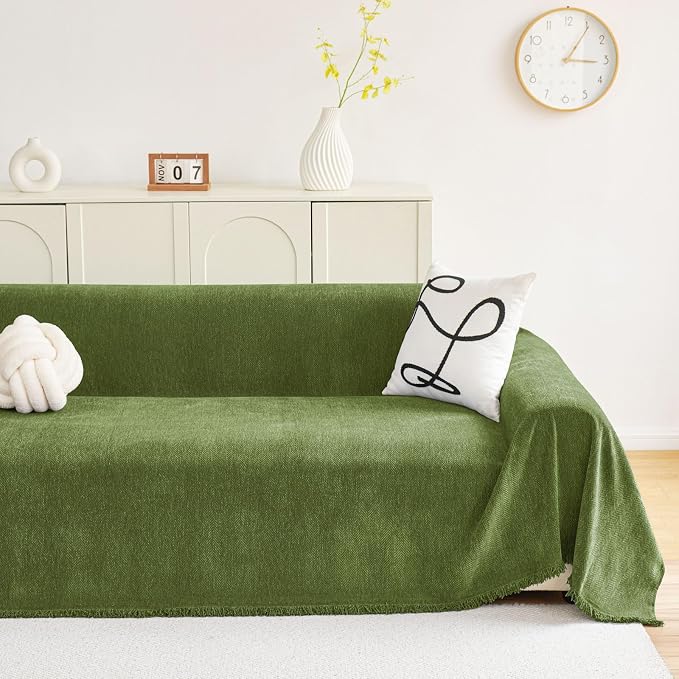 hyha Couch Cover for Dogs, Boho Chenille Sofa Cover for 3 Cushion Couch | Anti-Scratch Washable Sofa Slipcover, Loveseat Sectional Couch Throw Blankets with Tassels (Green, 88.5x134 Inch) - Image 2