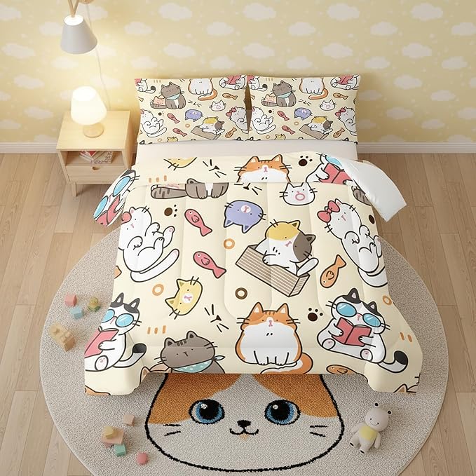 QOOMO Kawaii Cat Comforter Twin,Kawaii Animals Comforter Set for Kids Teens Girls,3Pcs Bedding Set Printed Comforter with 2 Pillowcases,Down Alternative,Soft and Lightweight，Twin Size - Image 2
