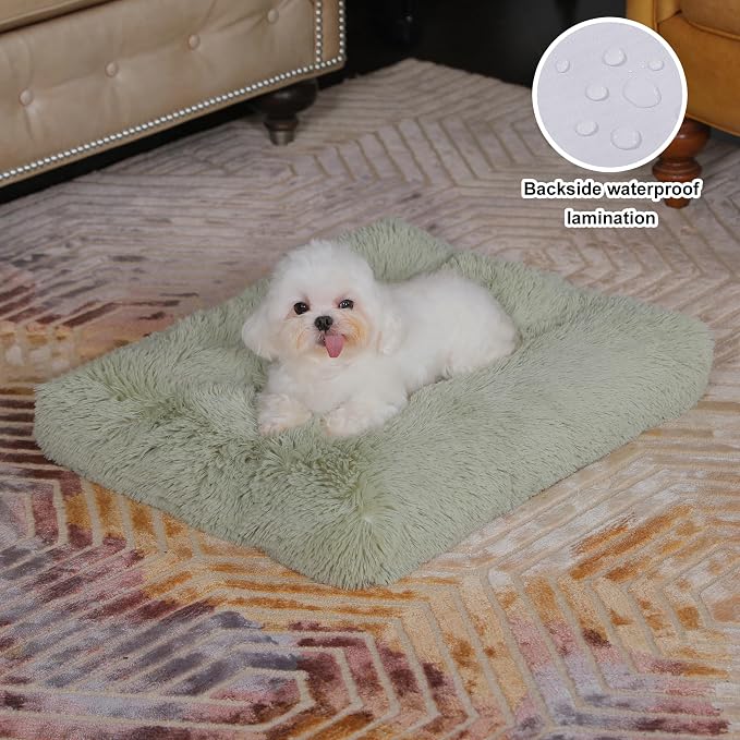Bedfolks Waterproof Crate Bed, Plush Dog & Cat Kennel Pad with Removable Cover, Faux Fur, Washable, 17"x12", Sage Green - Image 2