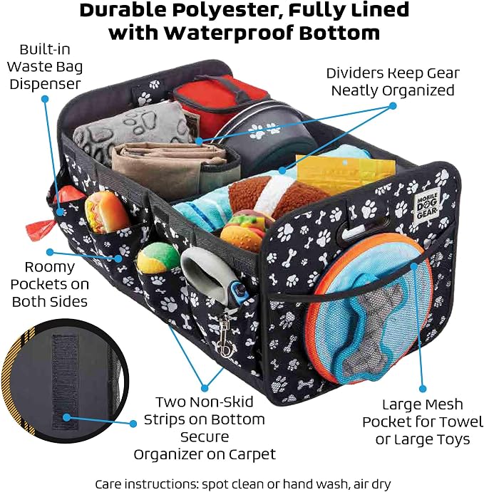 Mobile Dog Gear, Dogssentials Collapsible Storage Organizer for Travel with Built-in Waste Bag Dispenser, Includes 1 Roll of Waste Bags, Black/White Paw Bone Print, Meets Airline Regulations - Image 6