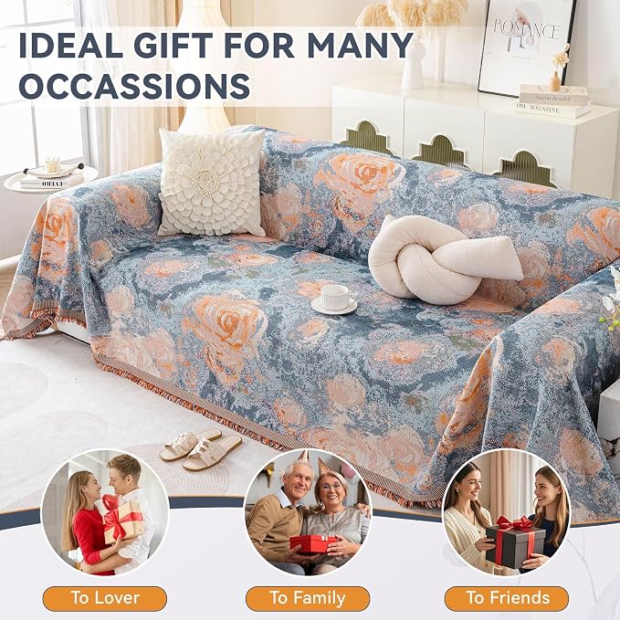 VClife Flower Couch Cover for Sectional Sofa Washable Sofa Cover, Modern Peach Blue Flower Sofa Couch Cover Breathable Anti-Slip Cotton Linen Sofa Slipcover with Tassel Aesthetic Sofa Cover 71"x118" - Image 4