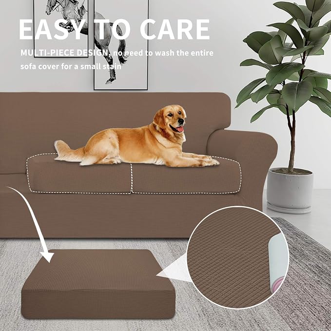 Easy-Going 3 Pieces Stretch Couch Cover Sofa Cover for Dogs Washable Sofa Slipcover for 2 Separate Cushion Couch Spandex Jacquard Fabric Elastic Furniture Protector for Pets, Kids (Brown, Loveseat) - Image 3