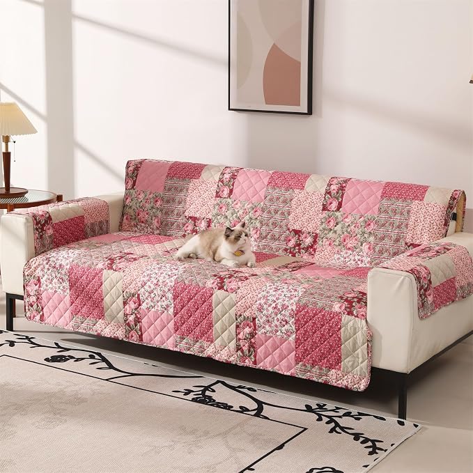 Skidproof Sofa Cover-Patchwork Sofa Slipcover with Elastic Straps-Easy Fit Slip Cover-Washable Furniture Protector for Pets and Kids(Sofa,Hot Pink) by cmfshape-quiltset