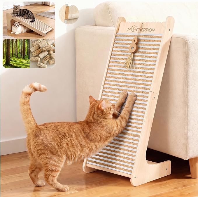Cork Cat Scratching Board-Cat Scratcher Post-Cat Toy Scratch Pad for Indoor | Cat Scratching Posts-Cat Ramp-Cat Scratch Cardboard with Toy,Replaceable Use-Eco-Friendly Sustainable-Protect furniture white by MocherpionLLC