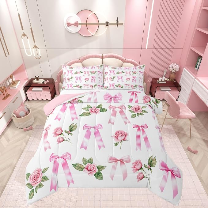 Manfei Pink Bow Tie Print Boys Girls Comforter Set Full Size,Floral Bowknot Duvet Set Teens Bedroom Decor,Dreamy Princess Style Flower Microfiber Soft Bedding 3PCS - Image 7