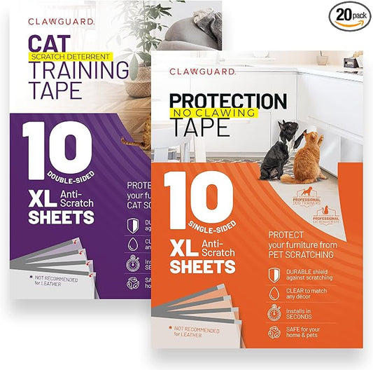 CLAWGUARD Bundle Pack – Cat Deterrent Tape & Dog Protection Tape – 20 Total Sheets (10 Double & 10 Single-Sided) – Anti Scratch Furniture Protector by CLAWGUARD