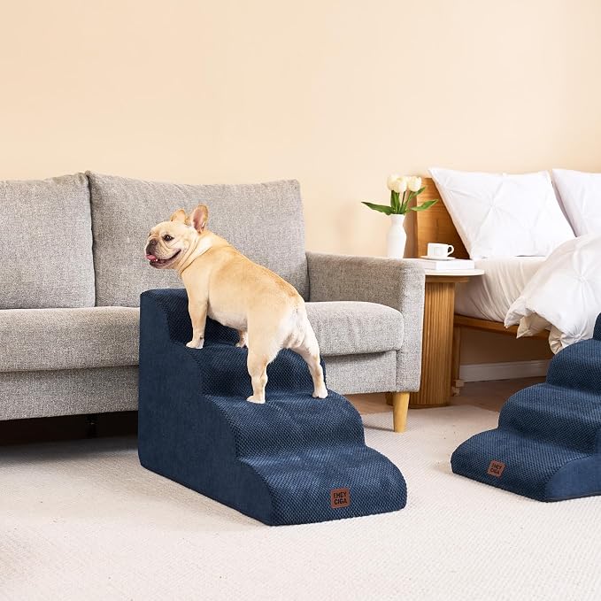 EHEYCIGA Curved Dog Stairs Ramp for High Beds 22.6" H, 5-Step Dog Steps for Small Dogs and Cats, Pet Stairs for High Bed Climbing, Non-Slip Balanced Pet Step Indoor, Navy - Image 8