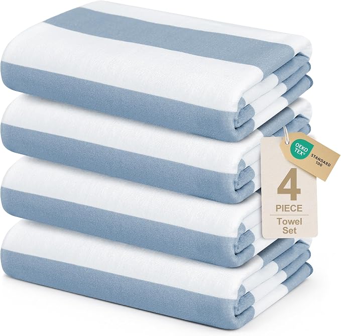 Touchat 4 Pack Beach Towels Oversized 30'' x 60'' Microfiber Pool Swim Bath Camping Travel Cabana Stripe Quick-Dry Super Absorbent Lightweight Sand Free Towel for Adults, Multi-Functional, Blue by TOUCHAT