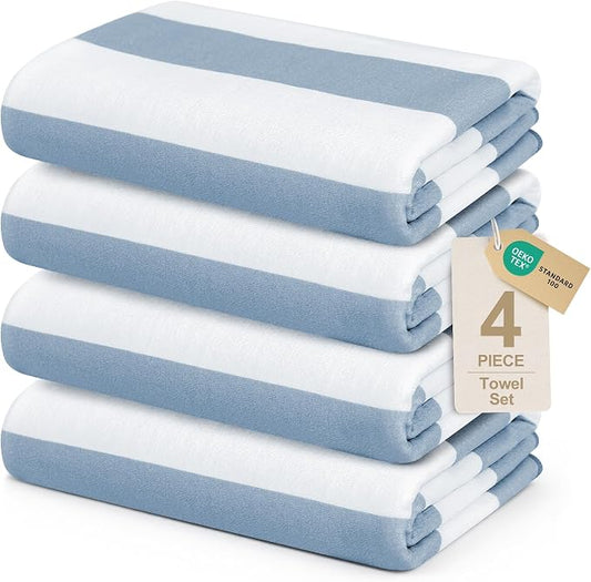 Touchat 4 Pack Beach Towels Oversized 30'' x 60'' Microfiber Pool Swim Bath Camping Travel Cabana Stripe Quick-Dry Super Absorbent Lightweight Sand Free Towel for Adults, Multi-Functional, Blue by TOUCHAT