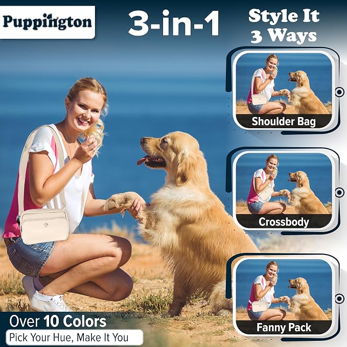 Puppington 3-in-1 Crossbody Dog Walking Bag & Treat Pouch for Pet Training - Matching Compostable Poop Bags, Built-In Poop Bag Dispenser & Slow-Feeding Travel Bowl (Vanilla Cream) - Image 2