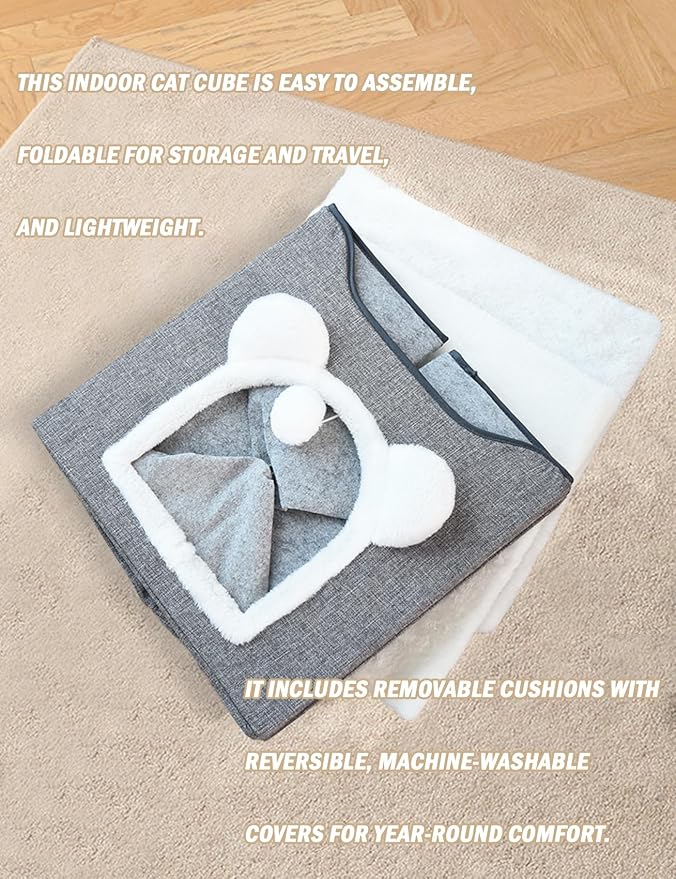 Cat Bed for Indoor Cats Foldable Cat Houses with Fluffy Ball and Scratch Pad Large Cat Cave Green Cat Hideaway - Image 5