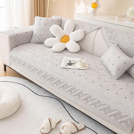 vctops Solid Color Cotton Quilted Sofa Couch Cover Weave Pattern Soft Sectional Couch Covers Embroidery Non-Slip Sofa Slipcover for Dogs, Children, Pets Furniture Protector (Light Grey,36"x47") by vctops