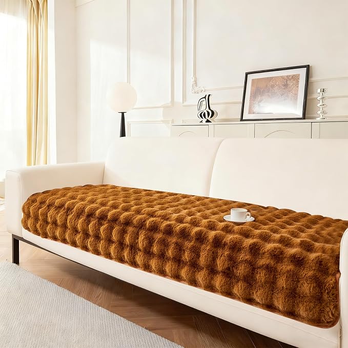 DREAMINGO Faux Fur Couch Seat Cover, Soft Plush Sofa Covers for Pet Washable, Non Slip Furniture Protector for 3 Cushion Couch Sofa Sectional, 35.4x94.5 Inch, Brown by DREAMINGO