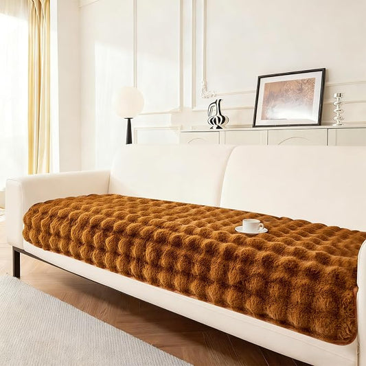 DREAMINGO Faux Fur Couch Seat Cover, Soft Plush Sofa Covers for Pet Washable, Non Slip Furniture Protector for Loveseat 2 Cushion Sofa, 35.4x63 Inch, Brown by DREAMINGO