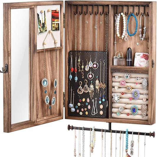 Keebofly Wall Mounted Jewelry Organizer Box Rustic Wood Large Space Jewelry Cabinet Holder Jewelry Storage Box for Necklaces, Earrings, Bracelets, Ring Holder, and Accessories (Carbonized Black) by Keebofly