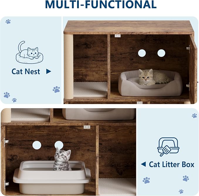 Garvee Double Layer Cat Litter Box Furniture, 2 in 1 Hidden Litter Box Furniture with Scratching Post and Litter Mats, Wooden Corner Cabinet Cat Washroom Bed - Image 5