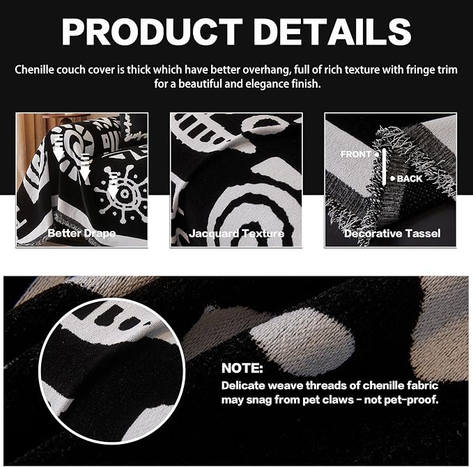 DREAMINGO Black Japandi Couch Cover Boho Tribal Jacquard Sofa Covers for 2 Cushion Couch Thick Soft Chenille Living Room Furniture Loveseat Sectional Sofa Slipcovers Washable, Large 71"x118" - Image 4