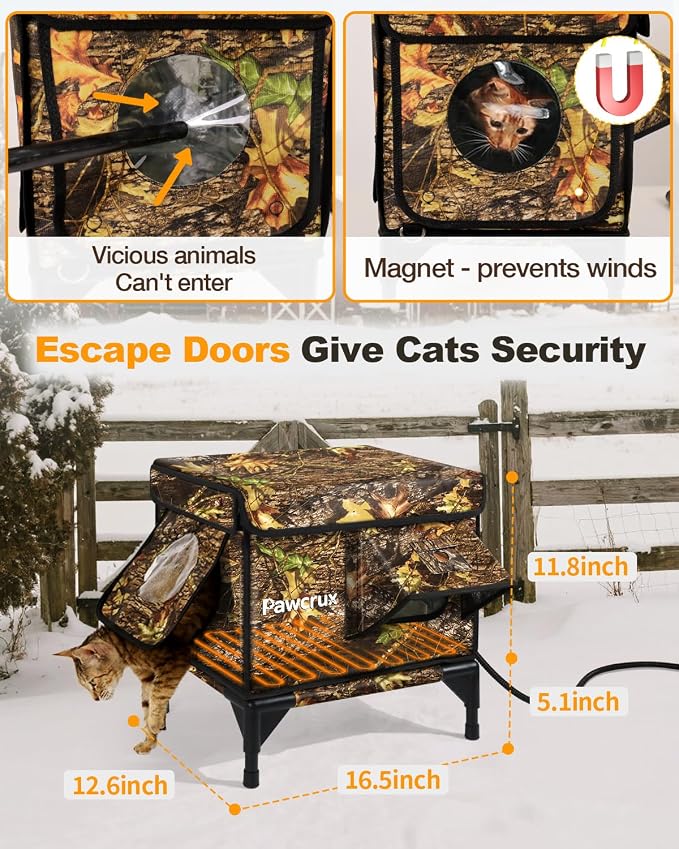 Weatherproof Heated Cat House for Outdoor in Winter, Heated Cat Bed Kitty Shelter with Cat Heating Pad, Insulated & Safe Escape Door, Warm House for Outside Stray Cat (Leaf Color, 12"x16"x16") - Image 6