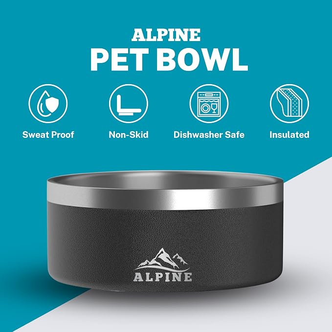 Alpine Set of 2 Stainless Steel Dog Bowls, Non Slip, Metal Pet Bowl for Food and Water, Double Walled Insulated, Rustproof, Dishwasher Safe- 32 Ounces - Black/White (AB) - Image 2