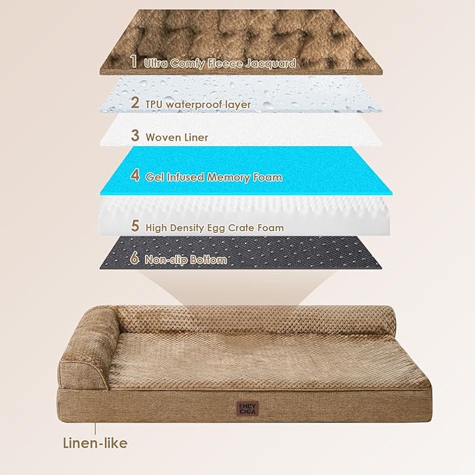 EHEYCIGA Large Dog Bed Memory Foam for Crate, Orthopedic Dog Bed Large Size Dogs with Washable Removable Cover, Waterproof Pet Sofa Couch with Nonskid Bottom, 35x22x6, Camel - Image 5