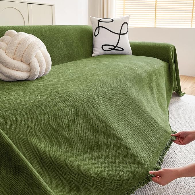 hyha Couch Cover for Dogs, Boho Chenille Sofa Cover for 3 Cushion Couch | Anti-Scratch Washable Sofa Slipcover, Loveseat Sectional Couch Throw Blankets with Tassels (Green, 71x102 Inch) - Image 5