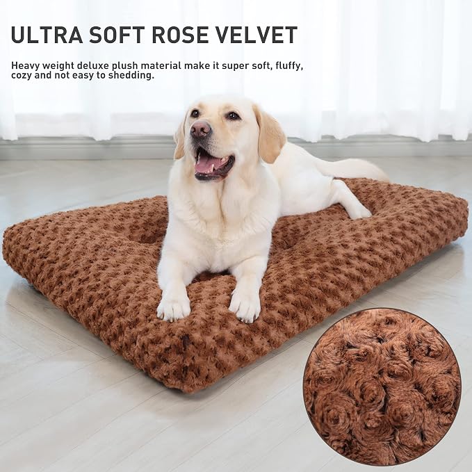KSIIA Washable Dog Bed Deluxe Plush Dog Crate Beds Comfy Kennel Pad Anti-Slip Pet Sleeping Mat for Large, Jumbo, Medium, Small Dogs Breeds, 41" x 27", Brown - Image 2