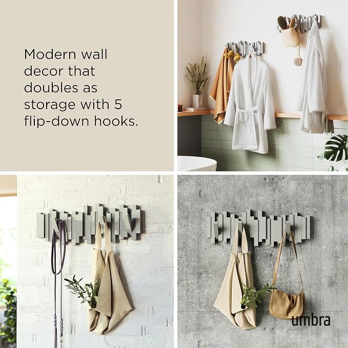 Umbra Sticks Wall Mount Coat Rack, 5 Hook Retractable Pegs, Grey | Mounting hardware included, sculptural modern design, entryway or bedroom use, recycled plastic - Image 4