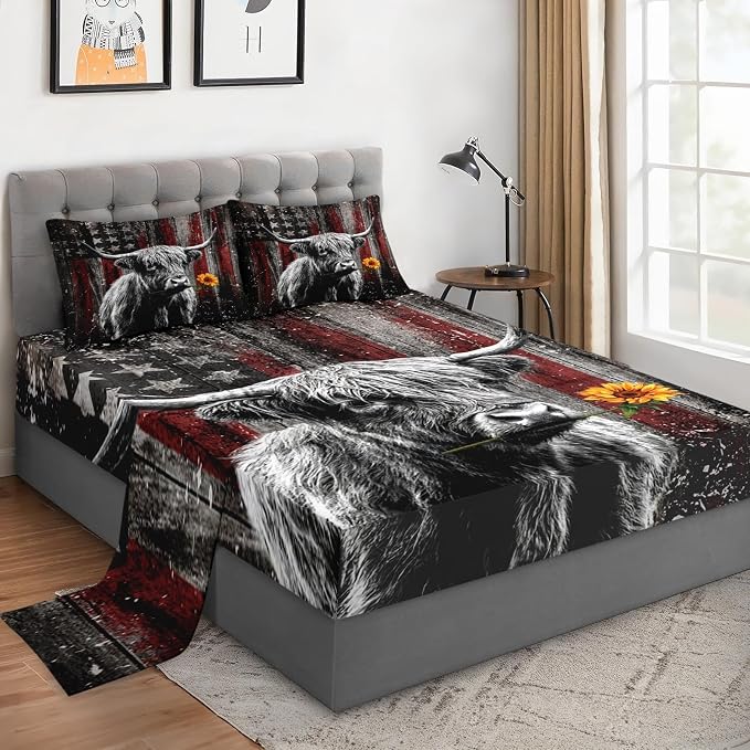 WeCozy Queen Size Bed Sheet Sets with Pillowcases, Highland Cow Animal 4 Pcs Soft Microfiber Bedding for Kids and Adults, Farm Bull American Flag Flat, Fitted Sheet for Bedroom Bed Decor by WeCozyHomeDecor
