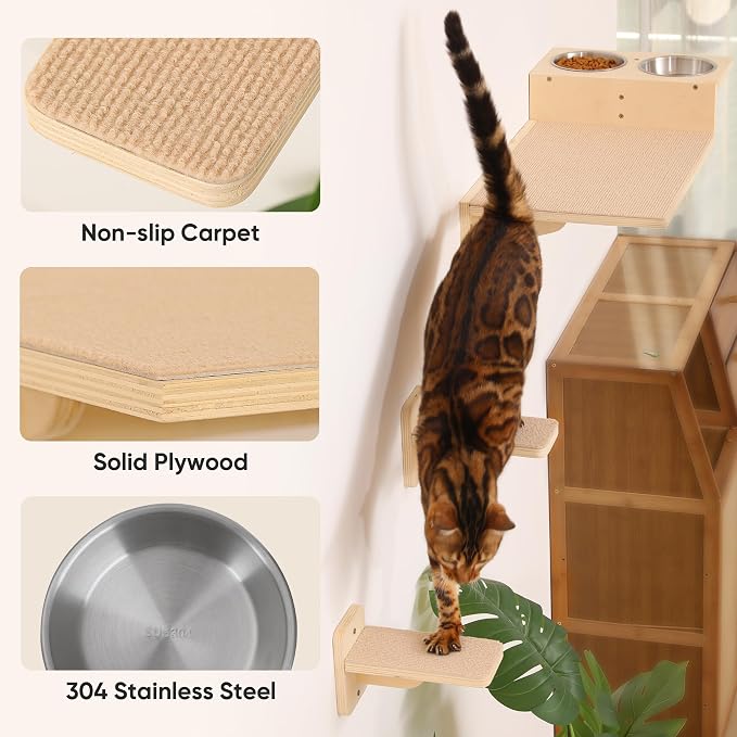 FUKUMARU Cat Wall Shelves, Food Station with 2 Steps | 3 in 1 Cats Walls Furniture Set, Birch Plywood Perch, Suitable for Kitten Play, Nap, Eat, DIY Wall Jungle Gym - Image 4